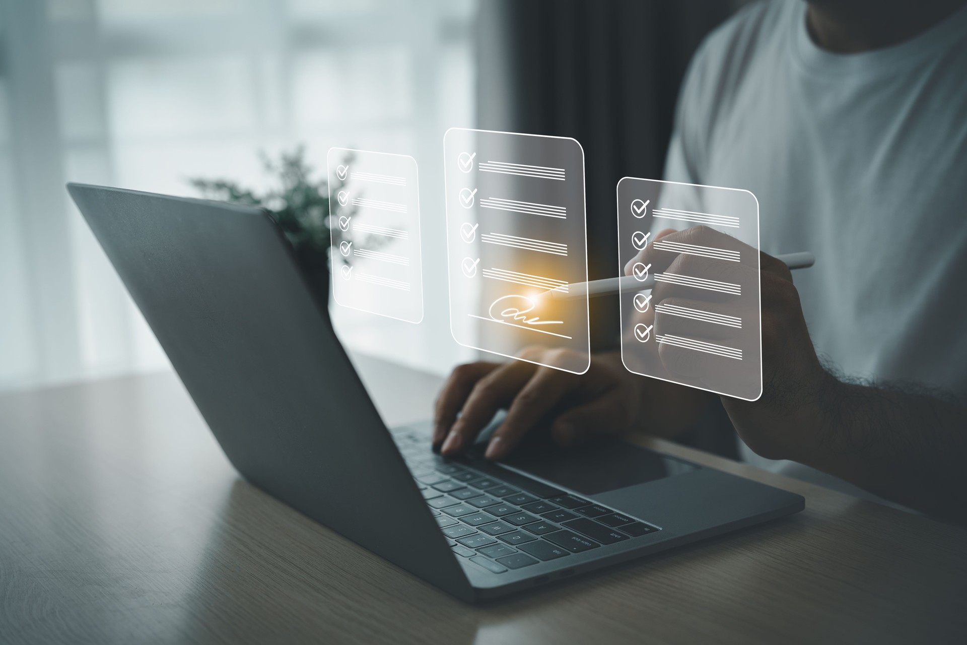 Electronic signature or checking list, Business man using pen checking digital virtual screen document, document management, paperless office, signing business contract, electronic document system.